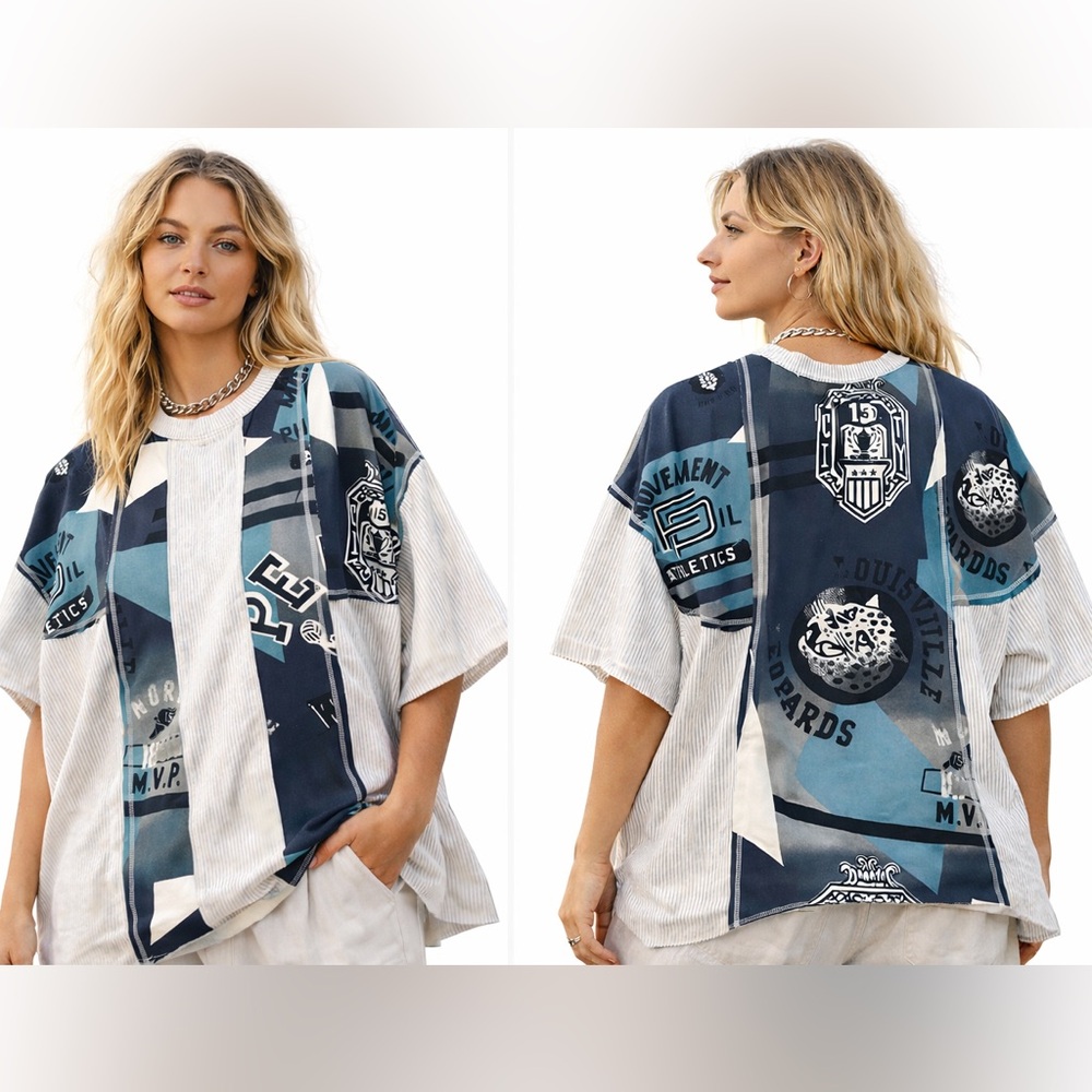 Z149. NEW  Free People FP Movement Oversized Patchwork Graphic Tee  Leopard